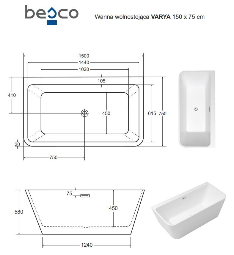 Vanna Besco Varya Glam 150 Graphite, ar zelta krāsas sifona pārsegu cena un informācija | Vannas | 220.lv