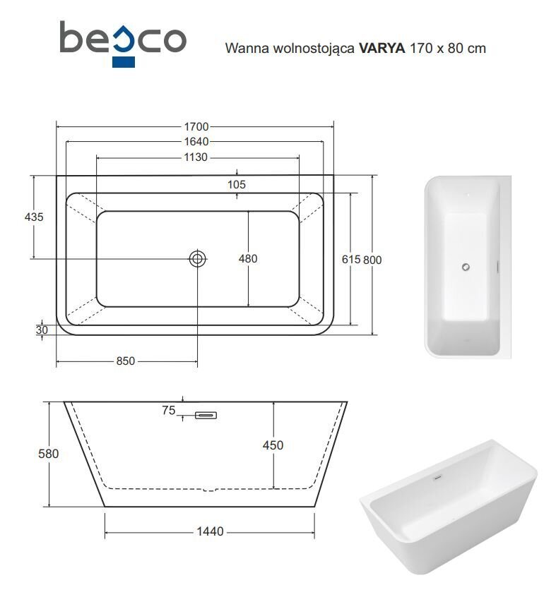 Vanna Besco Varya 170, ar baltu sifona vāciņu cena un informācija | Vannas | 220.lv