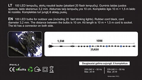 Ielu vītne 100LED/10 m + 1,5 m, krāsa: zila / auksti balta (FLASH) (104) 6611 cena un informācija | Ziemassvētku lampiņas, LED virtenes | 220.lv