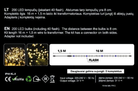 Ziemassvētku eglīšu vītne 200LED/16m + 1,5m, 4 krāsas + auksti balta FLASH (204) 6829 cena un informācija | Ziemassvētku lampiņas, LED virtenes | 220.lv