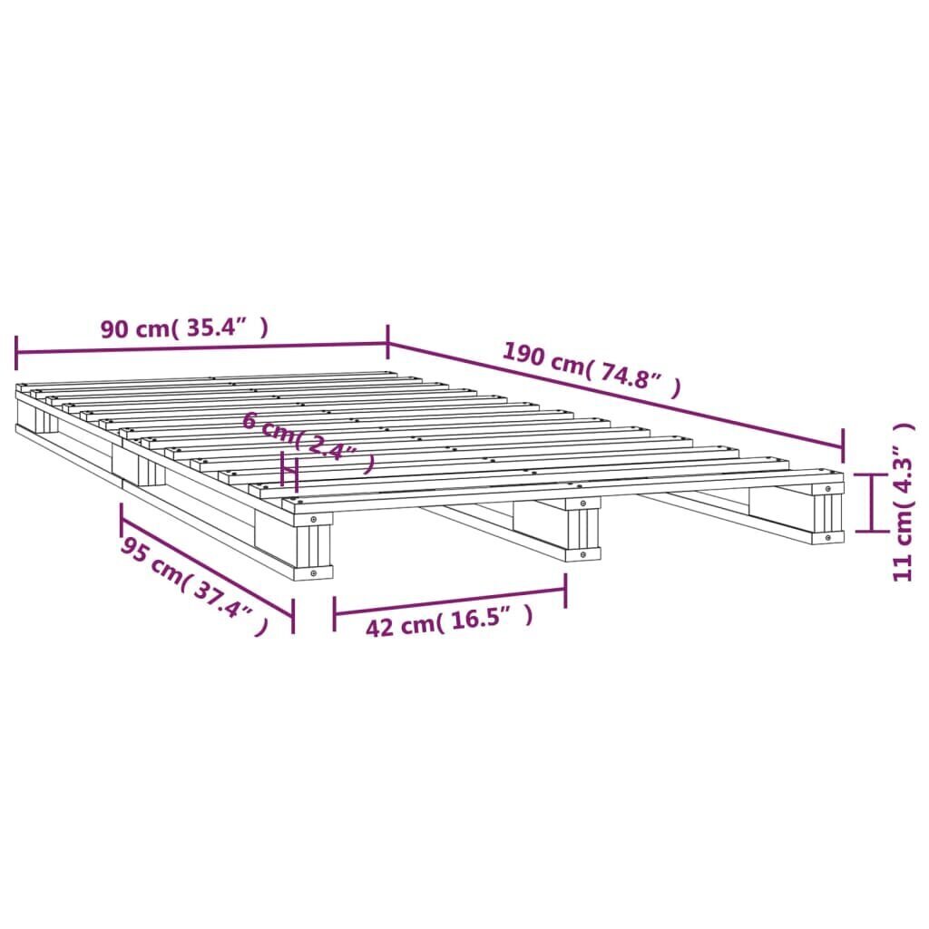 vidaXL gultas rāmis, balts, 90x190 cm, priedes masīvkoks, vienvietīgs cena un informācija | Gultas | 220.lv