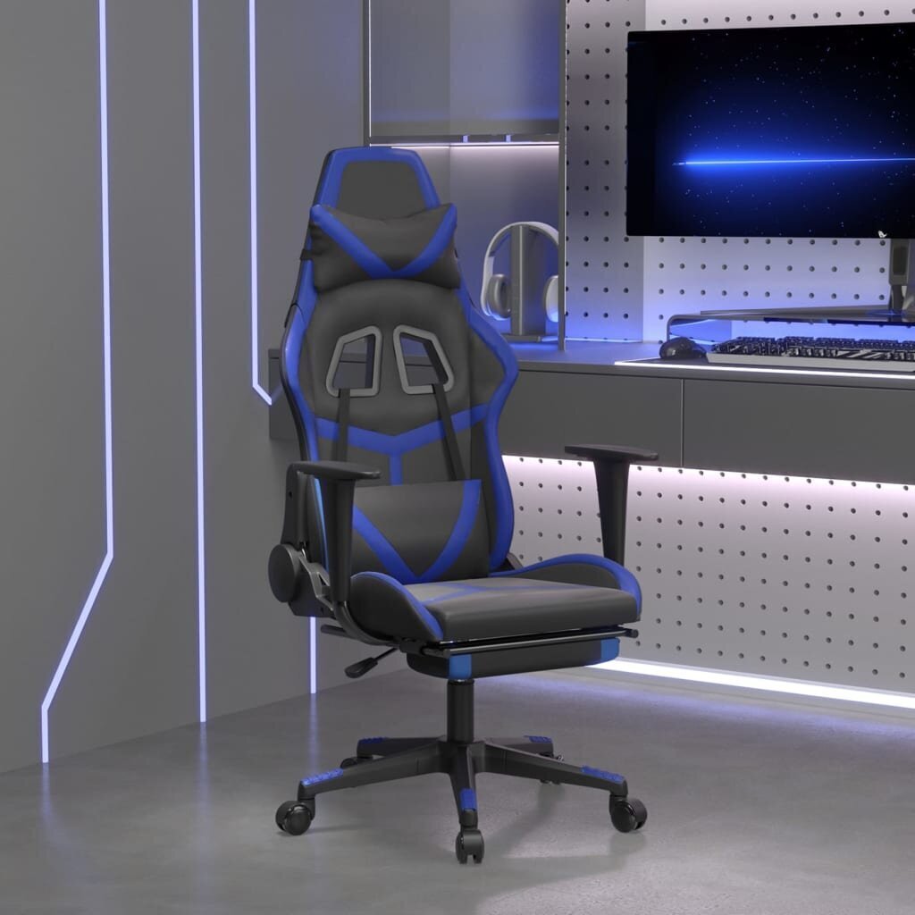 Masāžas spēļu krēsls ar kāju balstu, melns un zils, mākslīgā āda cena un informācija | Biroja krēsli | 220.lv