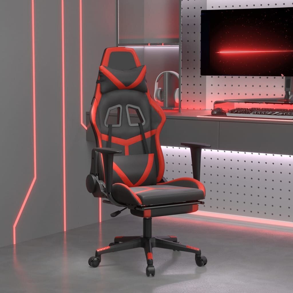 Masāžas spēļu krēsls ar kāju balstu, melns un sarkans, mākslīgā āda cena un informācija | Biroja krēsli | 220.lv