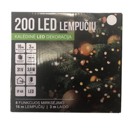 Ziemassvētku eglīšu vītne 8 f, 200l/16m + 3m, krāsa: auksti balta (114) 7542 cena un informācija | Ziemassvētku lampiņas, LED virtenes | 220.lv