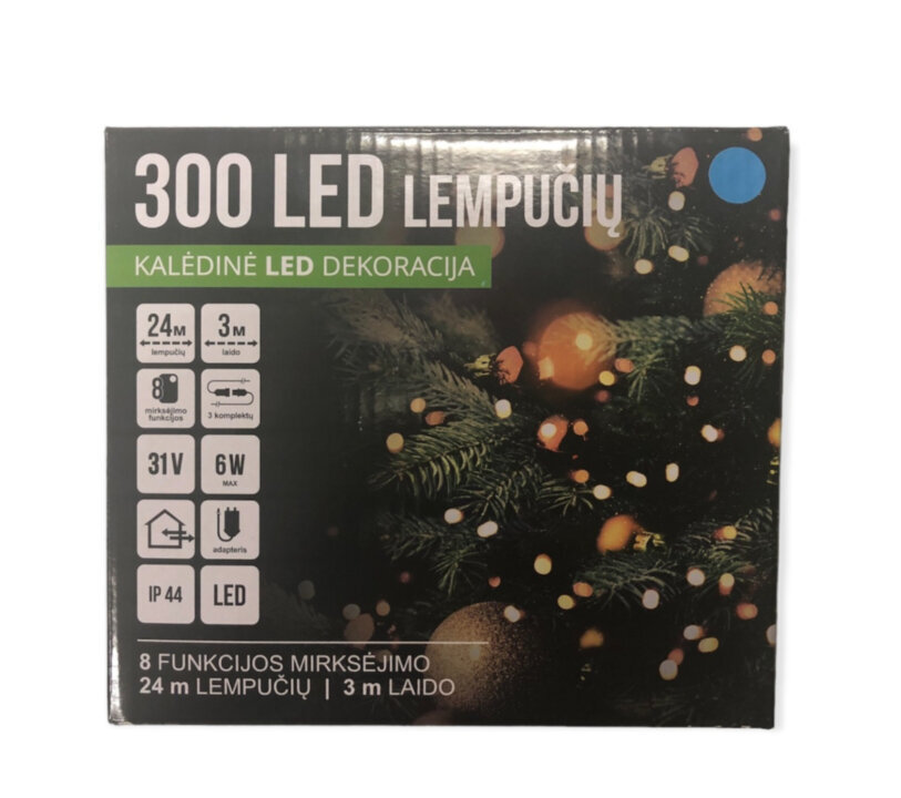 Ziemassvētku eglīšu vītne 8 f, 300LED/24m + 3m, krāsa: zila (118) 7534 cena un informācija | Ziemassvētku lampiņas, LED virtenes | 220.lv