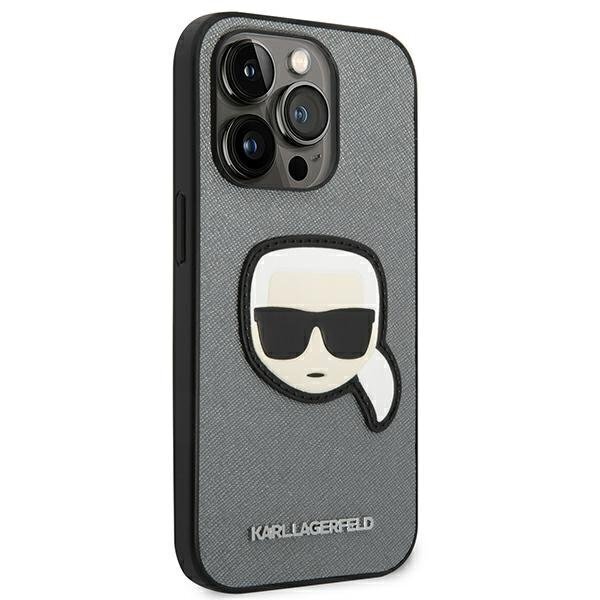 Karl Lagerfeld KLHCP14LSAPKHG iPhone 14 Pro Saffiano Karl`s Head Patch Silver cena un informācija | Telefonu vāciņi, maciņi | 220.lv
