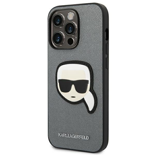 Karl Lagerfeld KLHCP14LSAPKHG iPhone 14 Pro Saffiano Karl`s Head Patch Silver cena un informācija | Telefonu vāciņi, maciņi | 220.lv