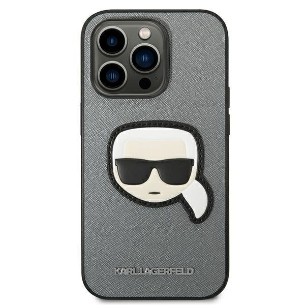 Karl Lagerfeld KLHCP14LSAPKHG iPhone 14 Pro Saffiano Karl`s Head Patch Silver cena un informācija | Telefonu vāciņi, maciņi | 220.lv