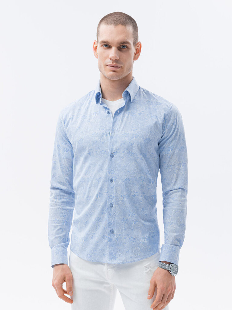 Krekls ar garām piedurknēm - gaiši zils K609 cena un informācija | Vīriešu krekli | 220.lv