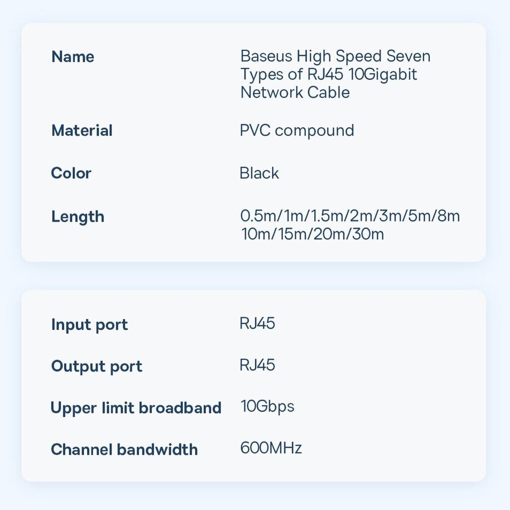 RJ45 (apaļais kabelis) "Baseus" tīkla ātrgaitas kabelis (CAT7) 10 Gb/s 1,5 m (WKJS010201) cena un informācija | Kabeļi un vadi | 220.lv