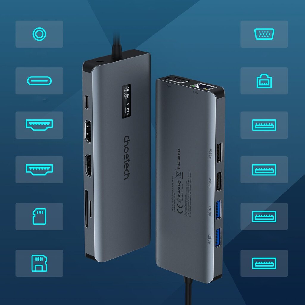 Choetech HUB-M26, USB-C to USB-C / USB-A / HDMI / VGA / AUX / SD / TF gray cena un informācija | Adapteri un USB centrmezgli | 220.lv