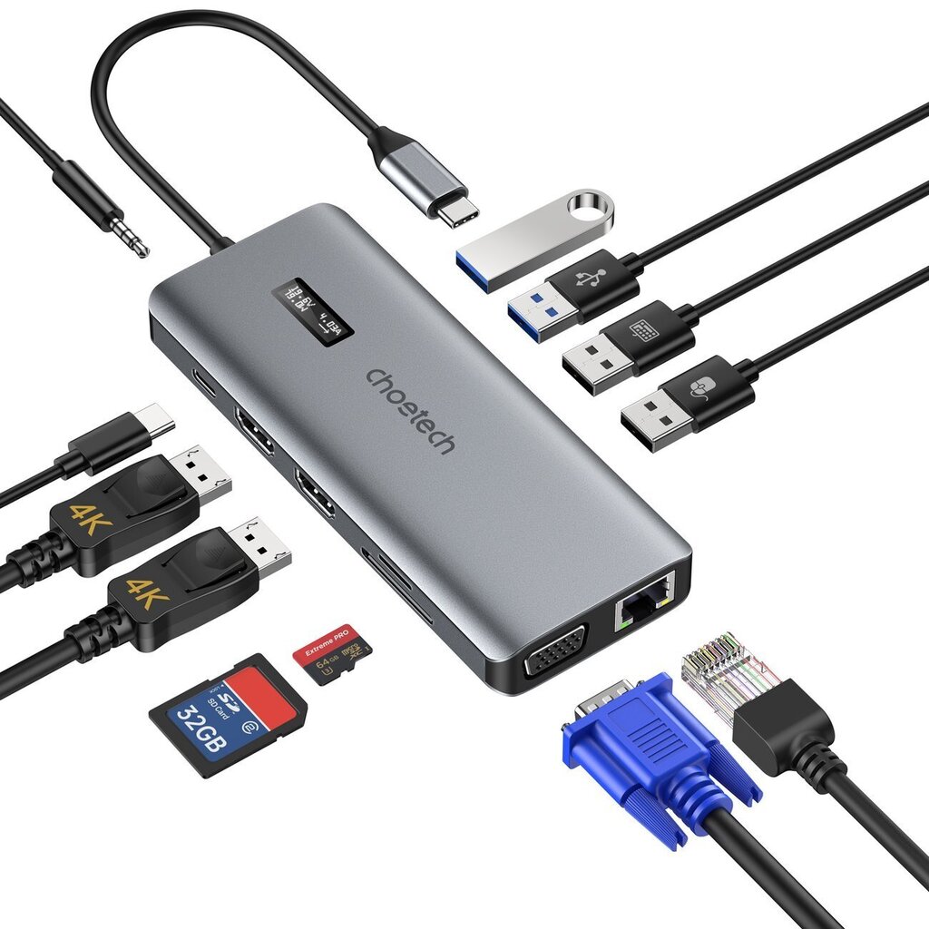 Choetech HUB-M26, USB-C to USB-C / USB-A / HDMI / VGA / AUX / SD / TF gray цена и информация | Adapteri un USB centrmezgli | 220.lv