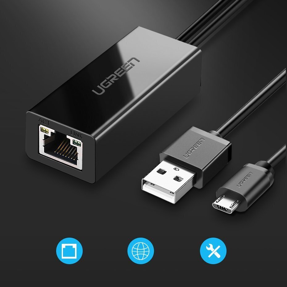 Ugreen 30985, ārējais tīkla adapteris USB 100Mbps piemērots Chromecast ar 1 m kabeli, melns цена и информация | Adapteri un USB centrmezgli | 220.lv