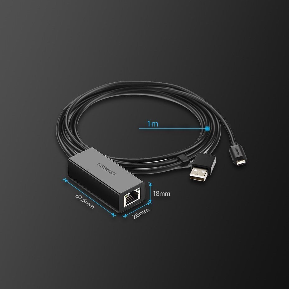 Ugreen 30985, ārējais tīkla adapteris USB 100Mbps piemērots Chromecast ar 1 m kabeli, melns цена и информация | Adapteri un USB centrmezgli | 220.lv