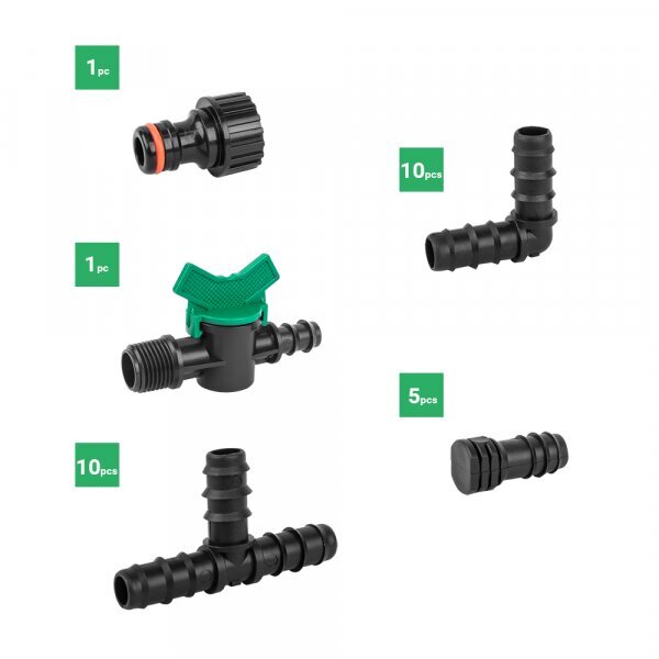 Piederumu komplekts pilienu caurulei 16mm - 27gab. cena un informācija | Laistīšanas sistēmas | 220.lv