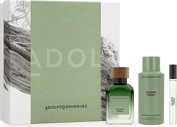 Komplekts Adolfo Dominguez Vetiver Terra vīriešiem: parfimērijas ūdens EDP, 120 ml + 10 ml + dezodorants, 150 ml cena un informācija | Vīriešu smaržas | 220.lv