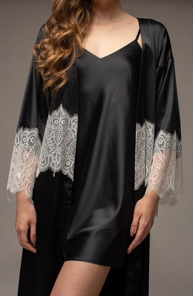 Saint Key satīna halāts, mežģīnes, garš, melns cena un informācija | Sieviešu halāti | 220.lv