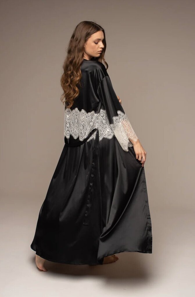 Saint Key satīna halāts, mežģīnes, garš, melns cena un informācija | Sieviešu halāti | 220.lv