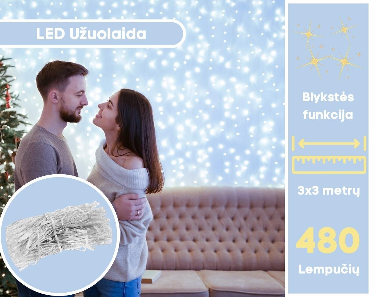 480 LED Garlianda - aizkars + zibspuldze, auksti balta cena un informācija | Ziemassvētku lampiņas, LED virtenes | 220.lv