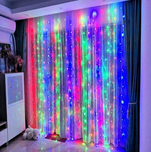 LED Ziemassvētku aizkari - zvaigznes, vara stieple, garums - 3x2m, daudzkrāsaina, USB, 200LED, tālvadības pults, E 667M cena un informācija | Ziemassvētku lampiņas, LED virtenes | 220.lv