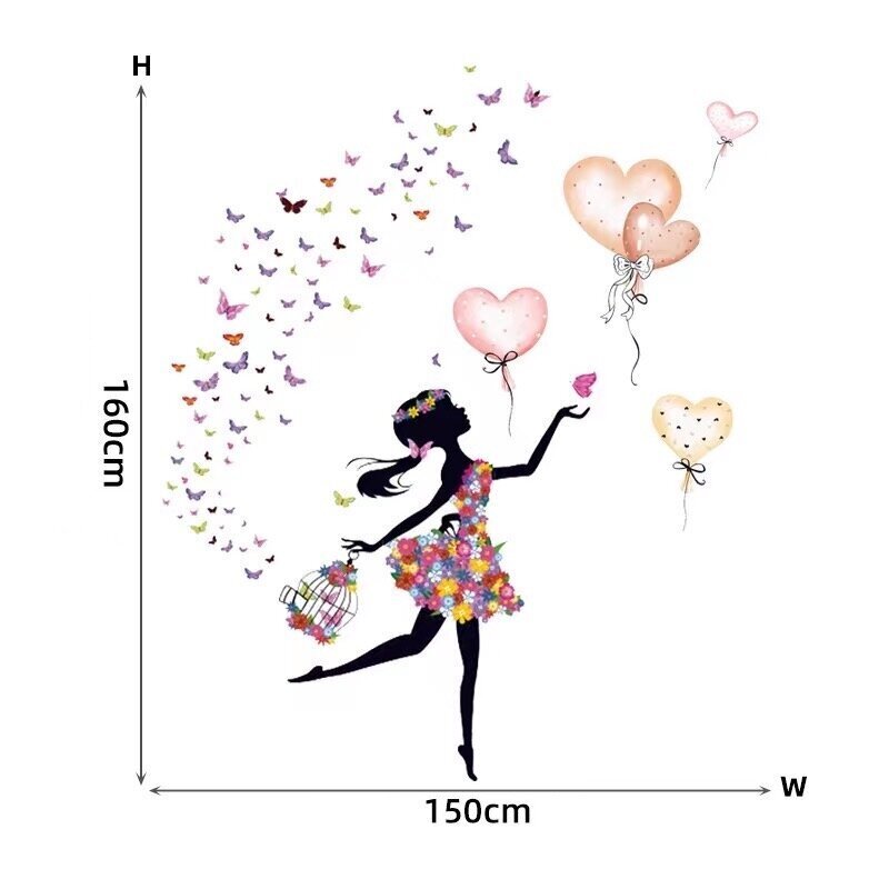 Bērnu sienas uzlīme Meitene ar tauriņiem un baloniem cena un informācija | Dekoratīvās uzlīmes | 220.lv
