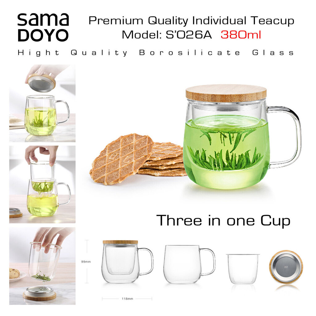 SAMADOYO Premium klases tējas krūze ar stikla filtru 3in1, S026A, Premium Quality Teacup 3in1, 380 ml cena un informācija | Glāzes, krūzes, karafes | 220.lv