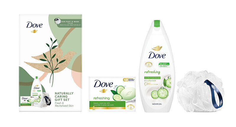 Kosmētikas dāvanu komplekts sievietēm Dove Body care gift set: dušas želeja ar gurķu un zaļās tējas aromātu Refreshing 250 ml + atsvaidzinošs cietais krēms ziepes ar gurķu un zaļās tējas aromātu 100 g + sūklis cena un informācija | Ziepes | 220.lv