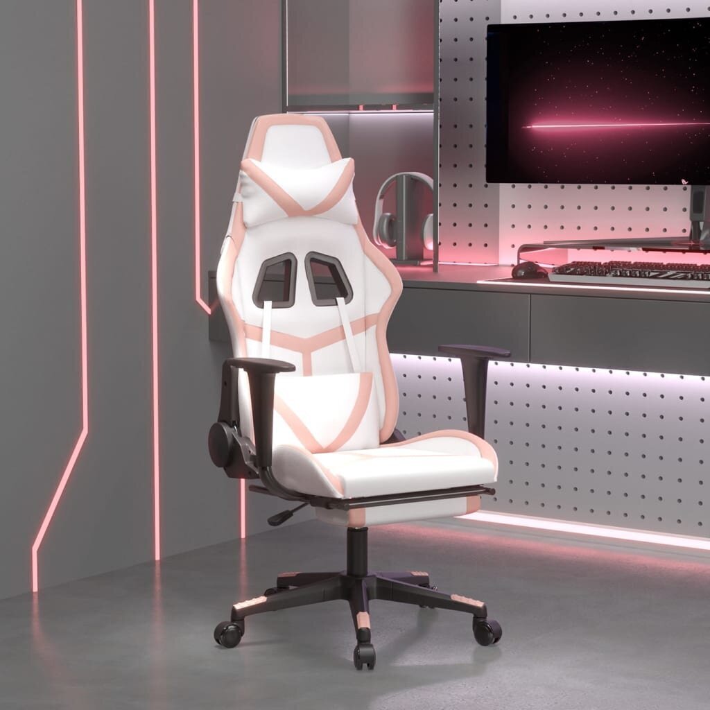 Spēļu krēsls ar kāju balstu, balts un rožinė, mākslīgā āda cena un informācija | Biroja krēsli | 220.lv