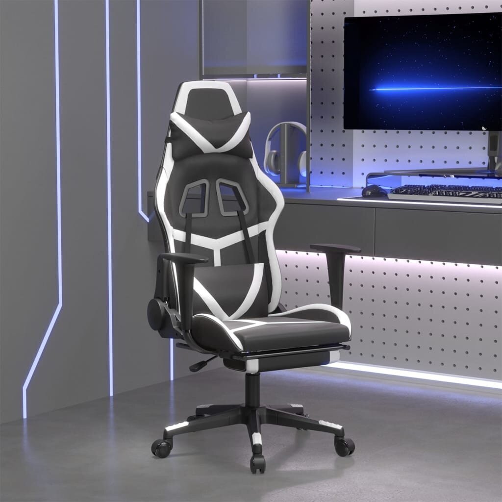 Spēļu krēsls ar kāju balstu, melns un balts, mākslīgā āda cena un informācija | Biroja krēsli | 220.lv
