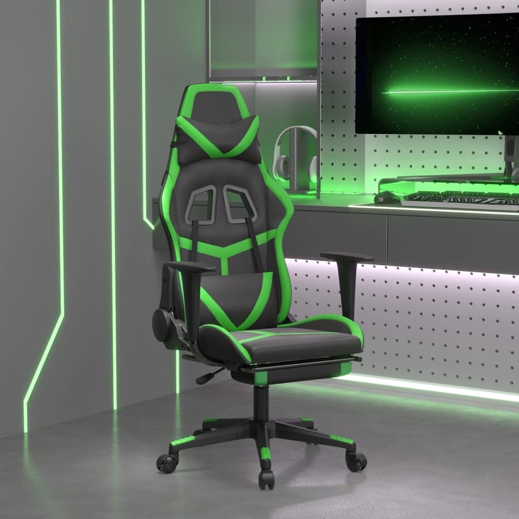 Spēļu krēsls ar kāju balstu, melns un zaļš, mākslīgā āda cena un informācija | Biroja krēsli | 220.lv