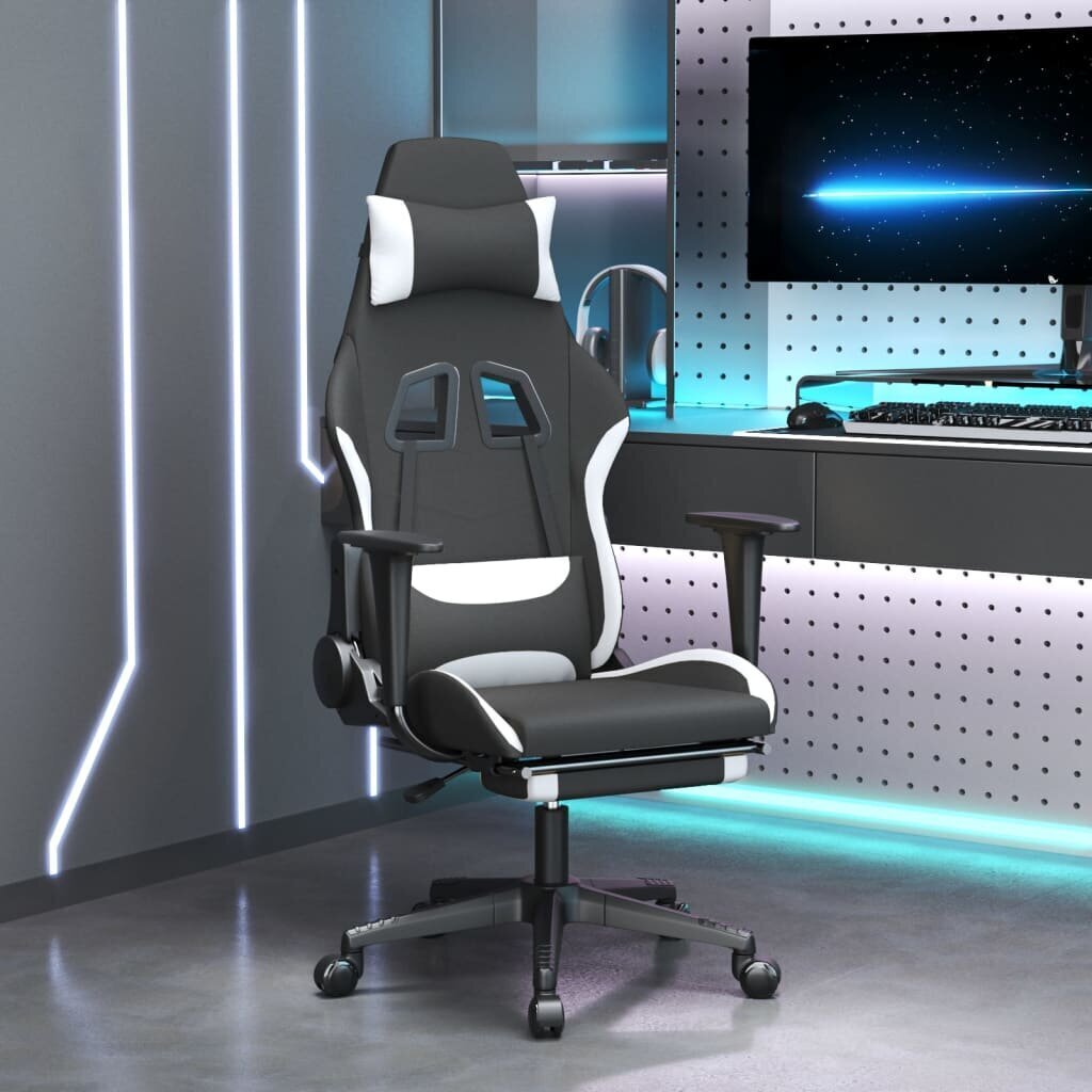 Spēļu krēsls ar kāju balstu, melns un balts, auduma cena un informācija | Biroja krēsli | 220.lv