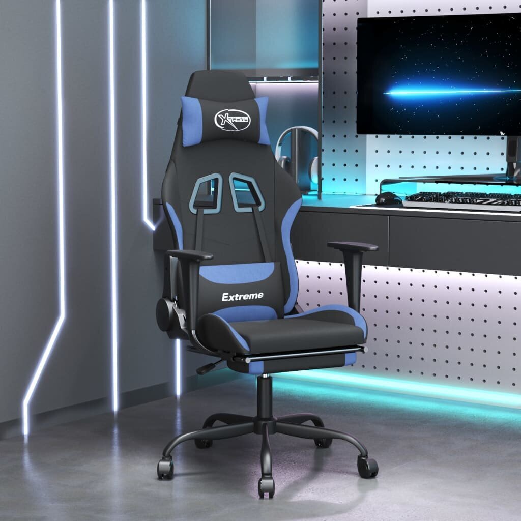 Spēļu krēsls ar kāju balstu, melns un zils, auduma цена и информация | Biroja krēsli | 220.lv