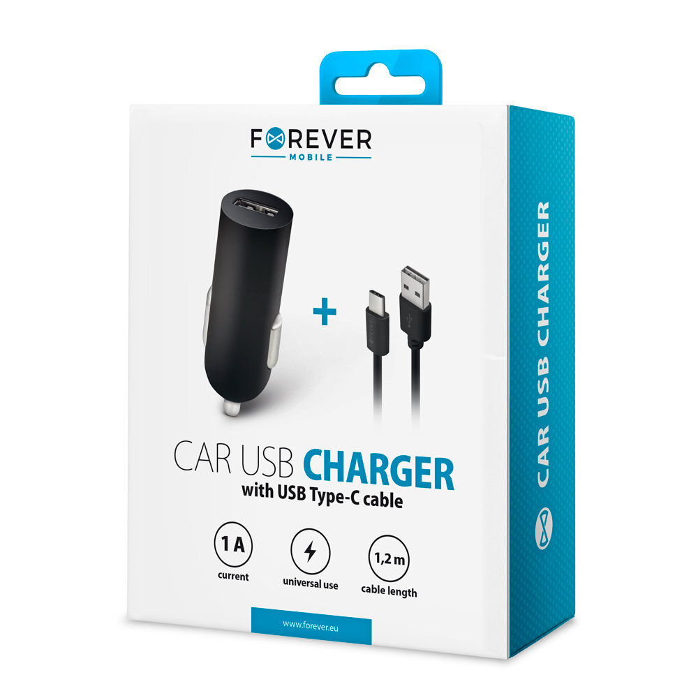 Forever M02 car charger 1x USB 1A black + USB-C cable cena un informācija | Lādētāji un adapteri | 220.lv