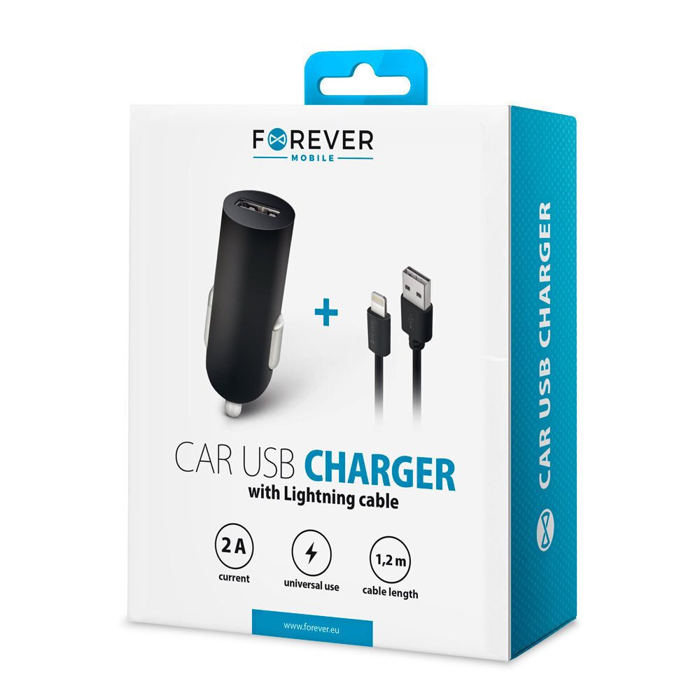 Forever M02 car charger 1x USB 2A black + Lightning cable cena un informācija | Lādētāji un adapteri | 220.lv