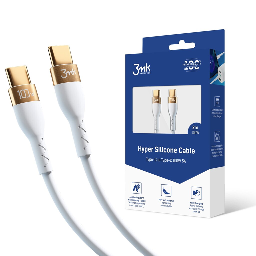 3mk Hyper USB-C uz USB-C kabelis 5A | 100W 2m balts cena un informācija | Savienotājkabeļi | 220.lv