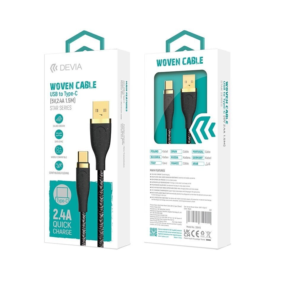 Devia cable Star USB - USB-C 1,5 m 2,4A black cena un informācija | Savienotājkabeļi | 220.lv