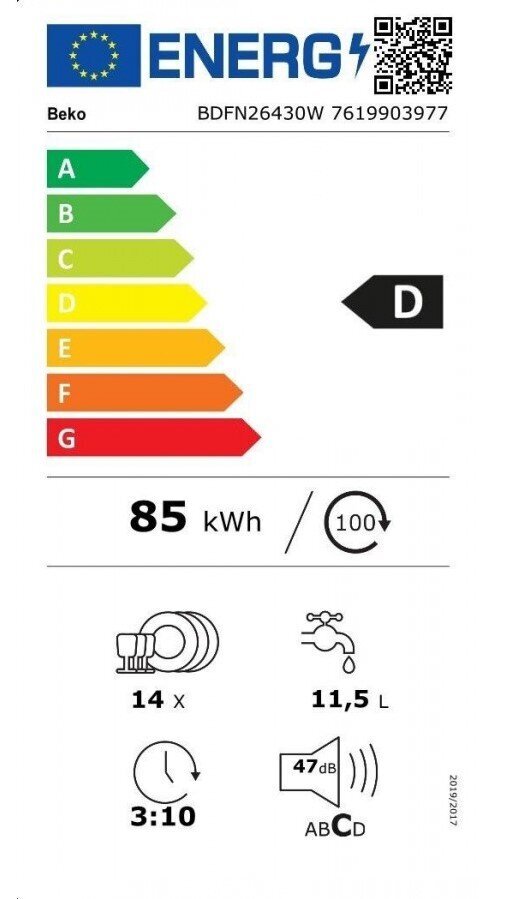 Trauku mazgājamā mašīna BEKO BDFN26430W, 60 cm цена и информация | Trauku mazgājamās mašīnas | 220.lv