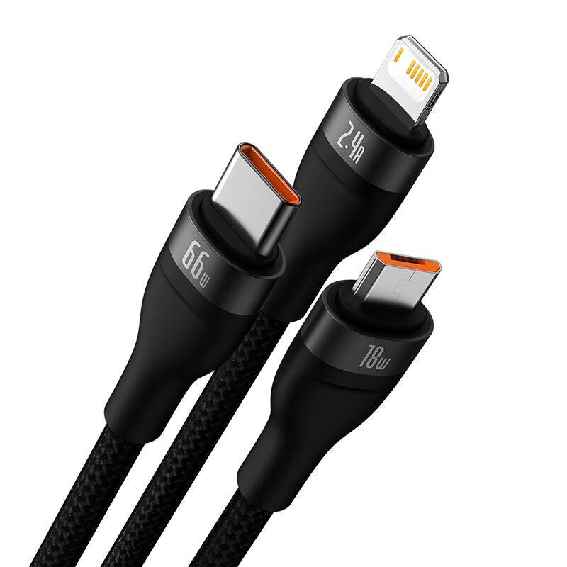 3in1 USB cable Baseus Flash II Series, USB-C + micro USB + Lightning, 66W, 1.2m (Black) cena un informācija | Savienotājkabeļi | 220.lv