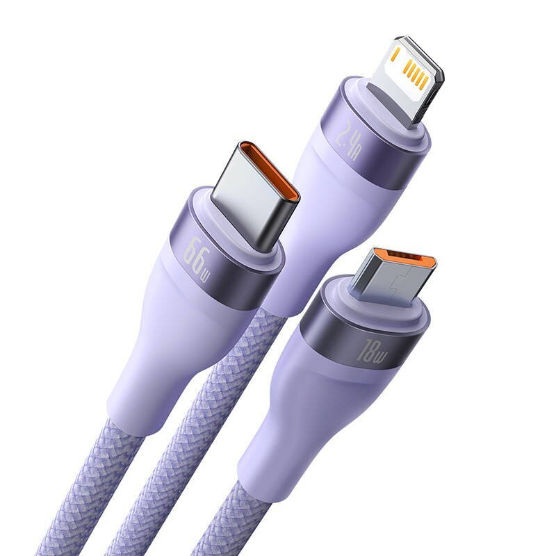 3in1 USB cable Baseus Flash II Series, USB-C + micro USB + Lightning, 66W, 1.2m (Purple) cena un informācija | Savienotājkabeļi | 220.lv