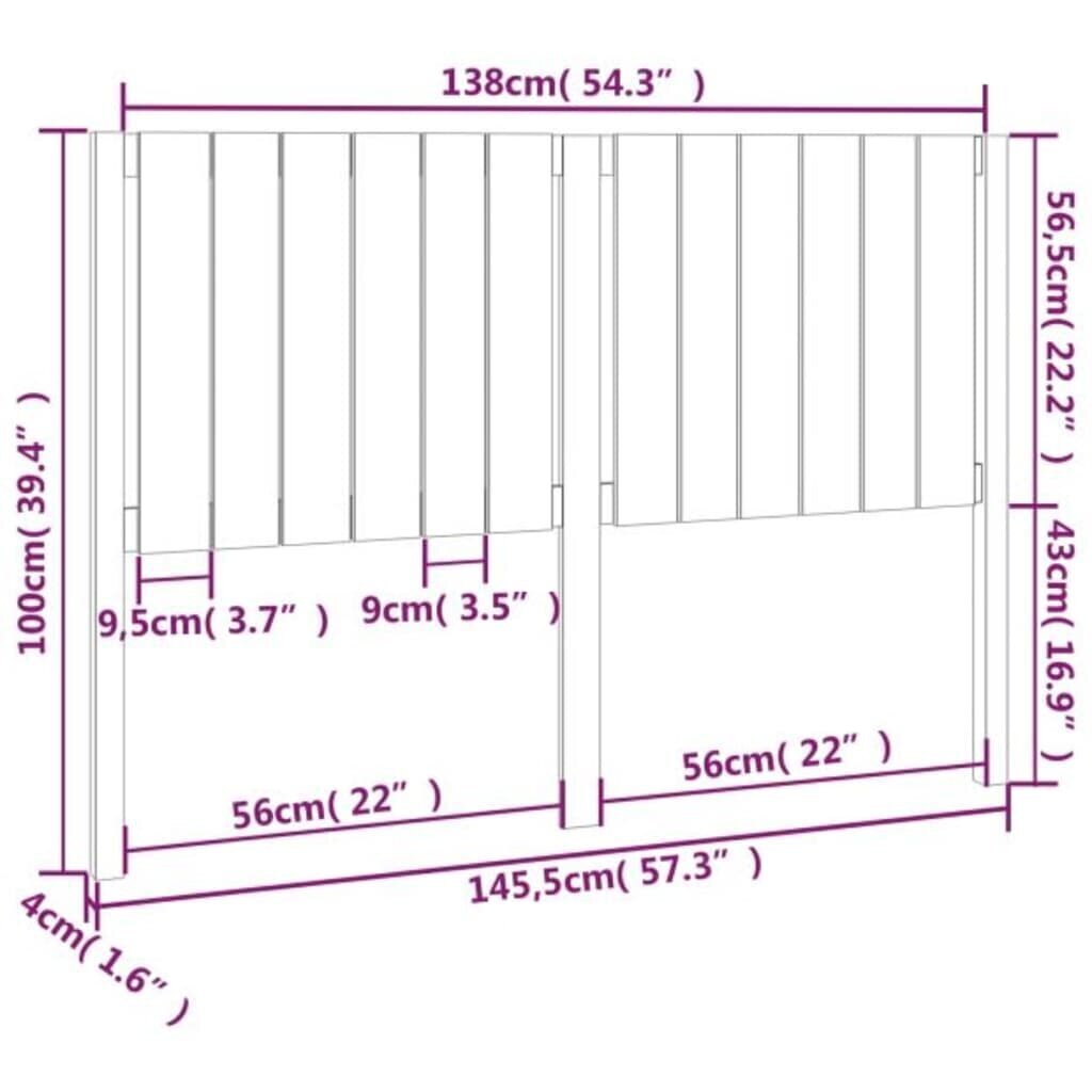 vidaXL gultas galvgalis, melns, 145,5x4x100 cm, priedes masīvkoks cena un informācija | Gultas | 220.lv