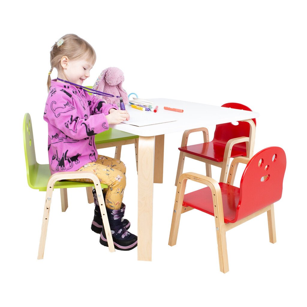 Bērnu komplekts HAPPY galds un 4 krēsli, balts/sarkans/zaļš цена и информация | Bērnu krēsliņi un bērnu galdiņi | 220.lv