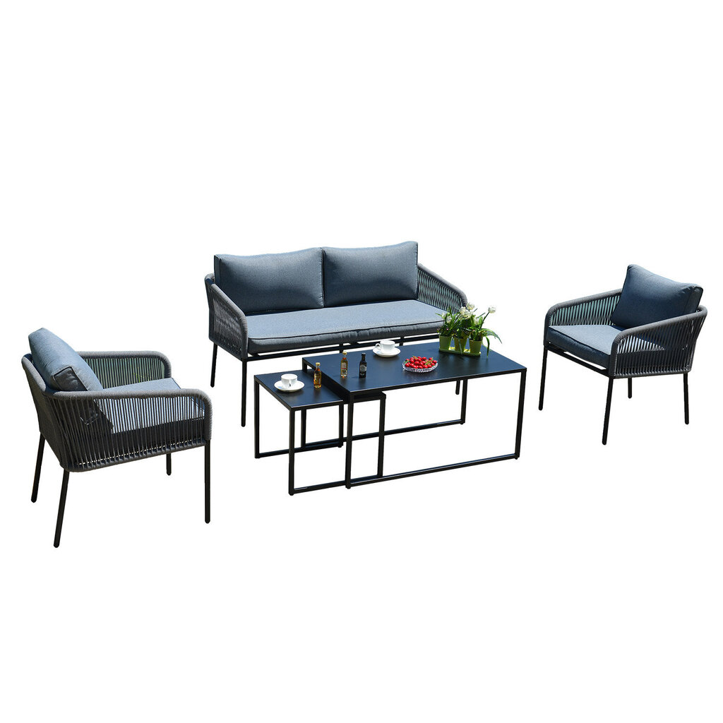 Dārza mēbeļu komplekts LEVINE galds, dīvāns un 2 atzveltnes krēsli, melns cena un informācija | Dārza mēbeļu komplekti | 220.lv