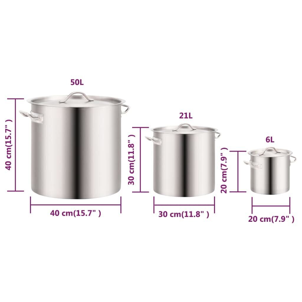 vidaXL 3-daļīgs zupas katlu komplekts, 50/21/6 L, nerūsējošs tērauds cena un informācija | Katli, tvaika katli | 220.lv
