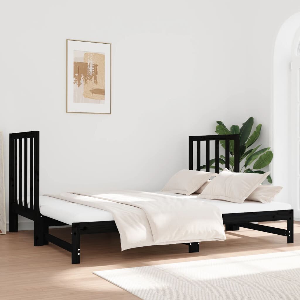 Izvelkama gulta, melna, 2x(90x190)cm, priedes masīvkoks cena un informācija | Gultas | 220.lv