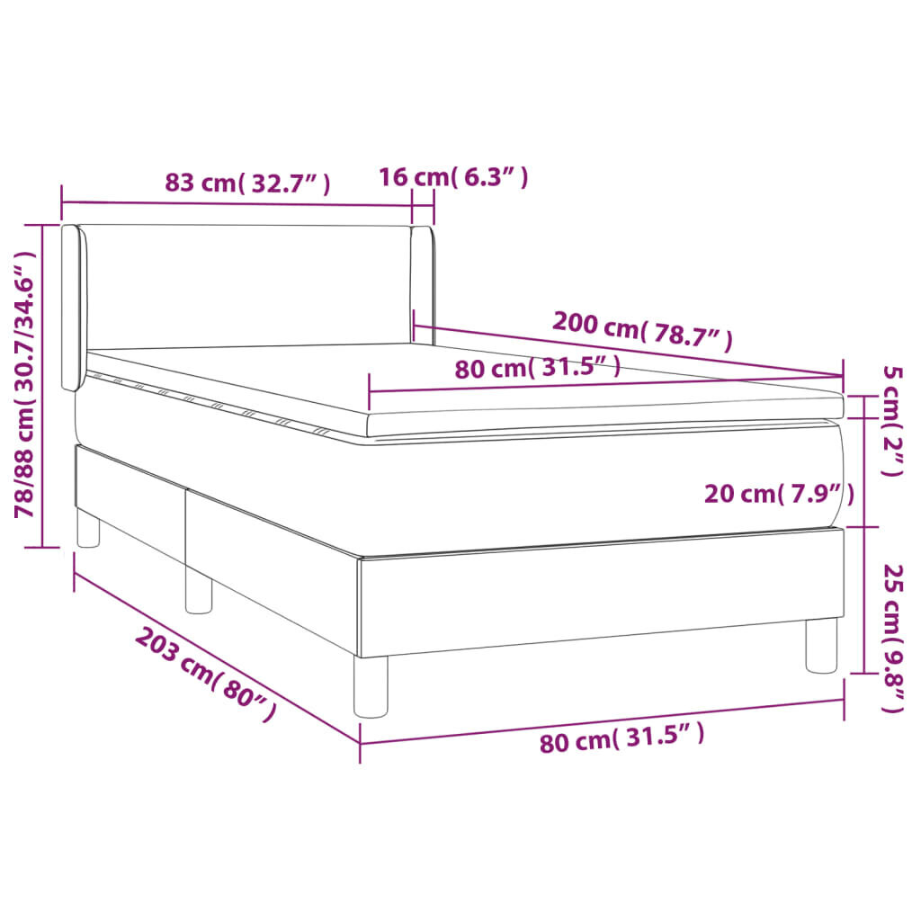 Atsperu gultas rāmis ar matraci vidaXL, 80x200 cm, melns cena un informācija | Gultas | 220.lv