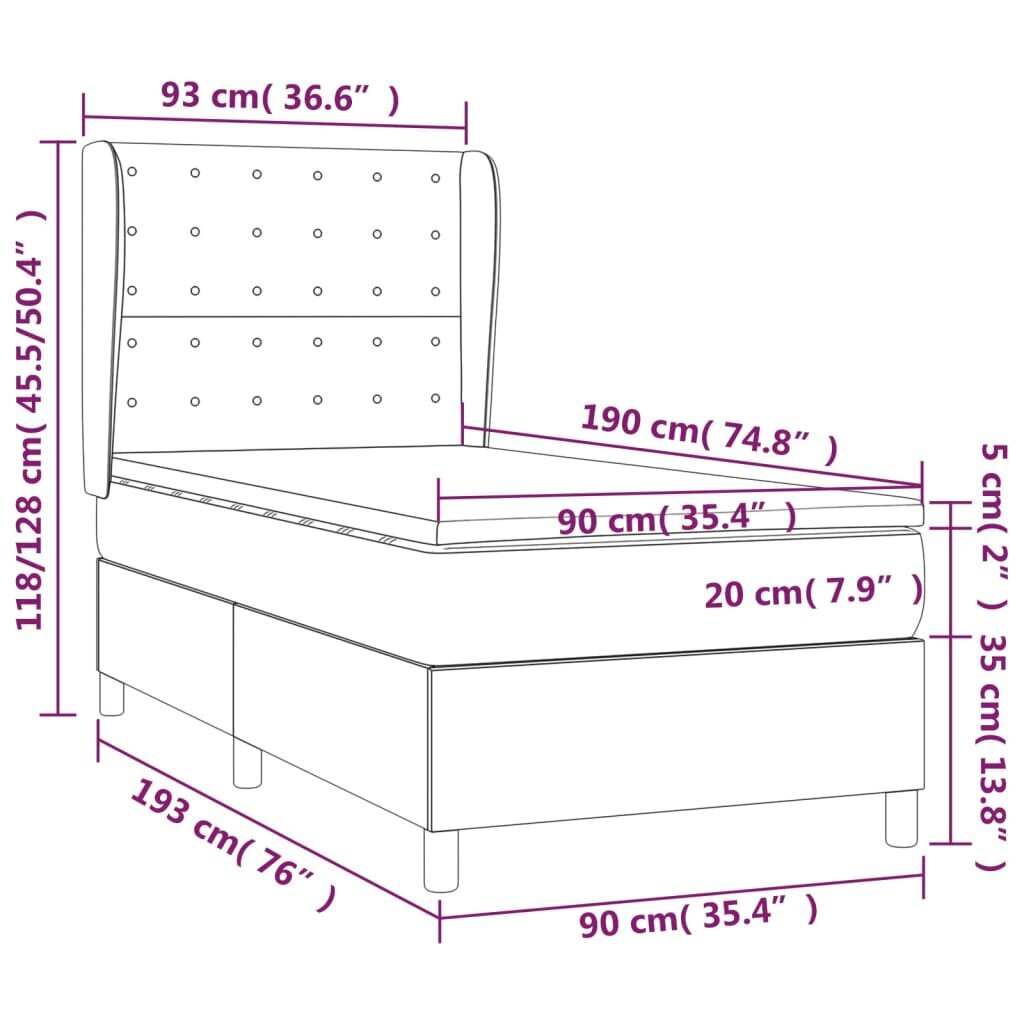 Atsperu gultas rāmis ar matraci vidaXL, 90x190 cm, tumši pelēks cena un informācija | Gultas | 220.lv