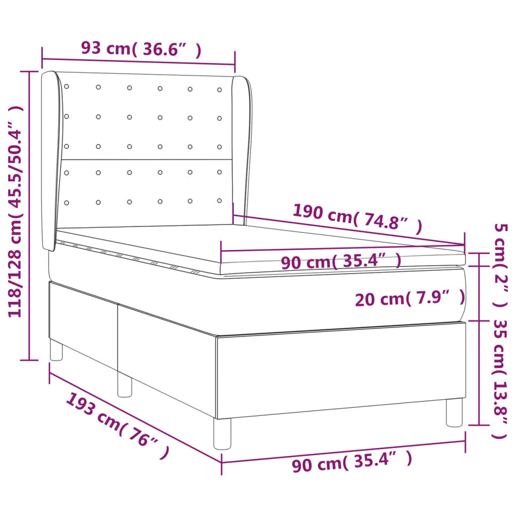 Atsperu gultas rāmis ar matraci vidaXL, 90x190 cm, melns cena un informācija | Gultas | 220.lv