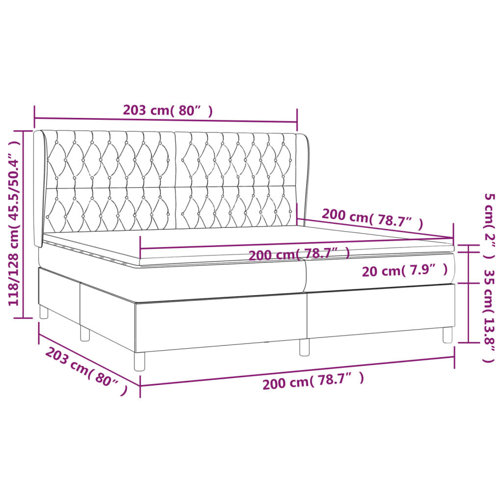 Atsperu gultas rāmis ar matraci vidaXL, 200x200 cm, tumši zaļš cena un informācija | Gultas | 220.lv