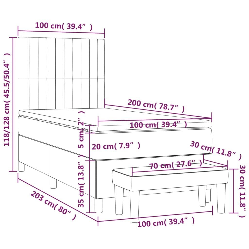 vidaXL atsperu gultas rāmis ar matraci, tumši pelēks audums, 100x200cm cena un informācija | Gultas | 220.lv