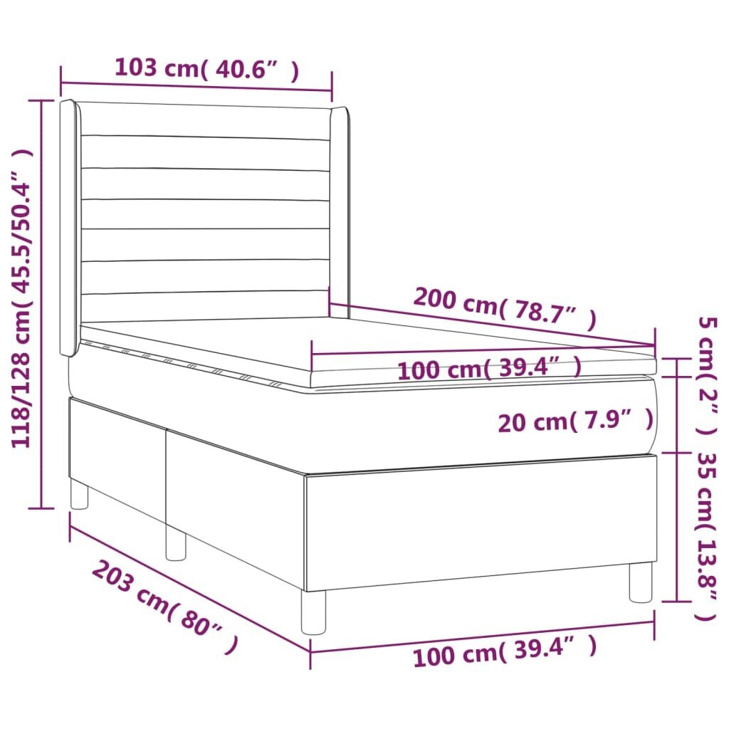 vidaXL atsperu gultas rāmis ar matraci, tumši brūna, 100x200cm, audums cena un informācija | Gultas | 220.lv